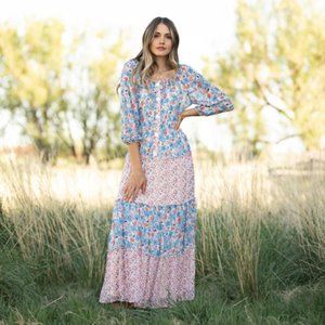Blue White Floral Peasant Maxi Dress S Boho Prairie Cottagecore Mixed Media